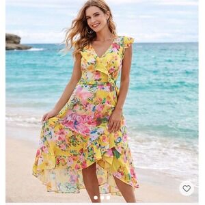 Cleo Yellow Floral Ruffle Hem Maxi Dress Sleeveless Tie Waist XS